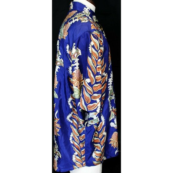 VTG 80s Hilo Hattie Men's Blue Shirt Size L Hawaiian Flowers Pocket 100% Silk - Picture 5 of 10